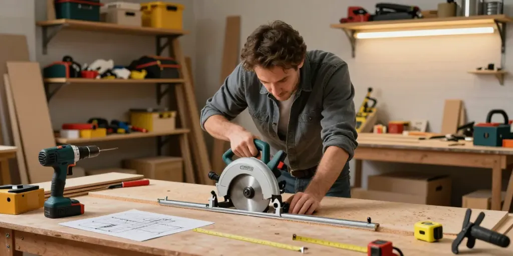 Circular saw guide rail in action as a DIY enthusiast achieves precise cuts in a home workshop.