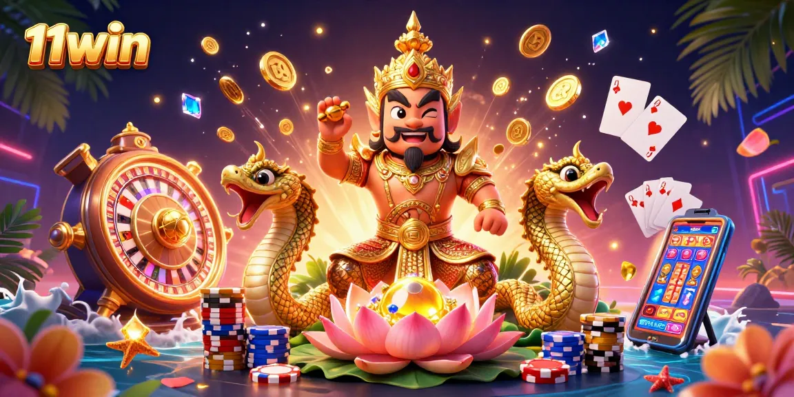 Spin and win at 11WIN with a vibrant 3D casino scene featuring mythical guardians and thrilling slot action.