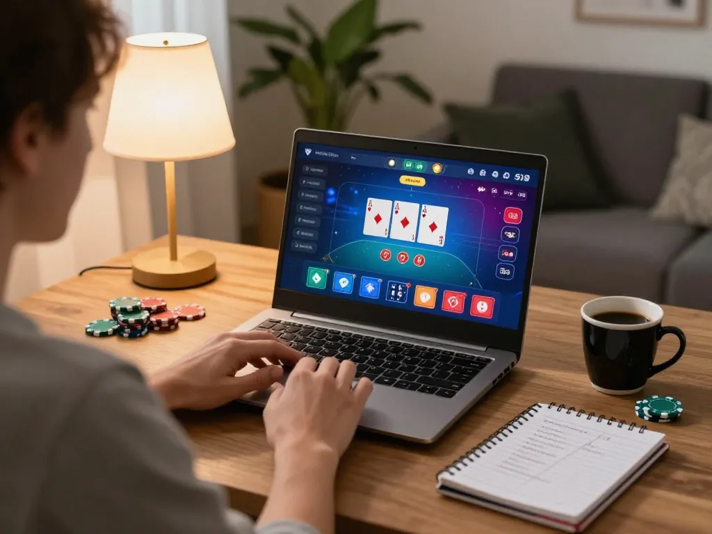 Person engaged in an online poker game on cm88com, showcasing dynamic gameplay and strategy.