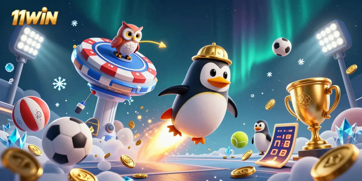 Experience thrilling games with 11WIN featuring a rocket-powered penguin and casino elements galore!