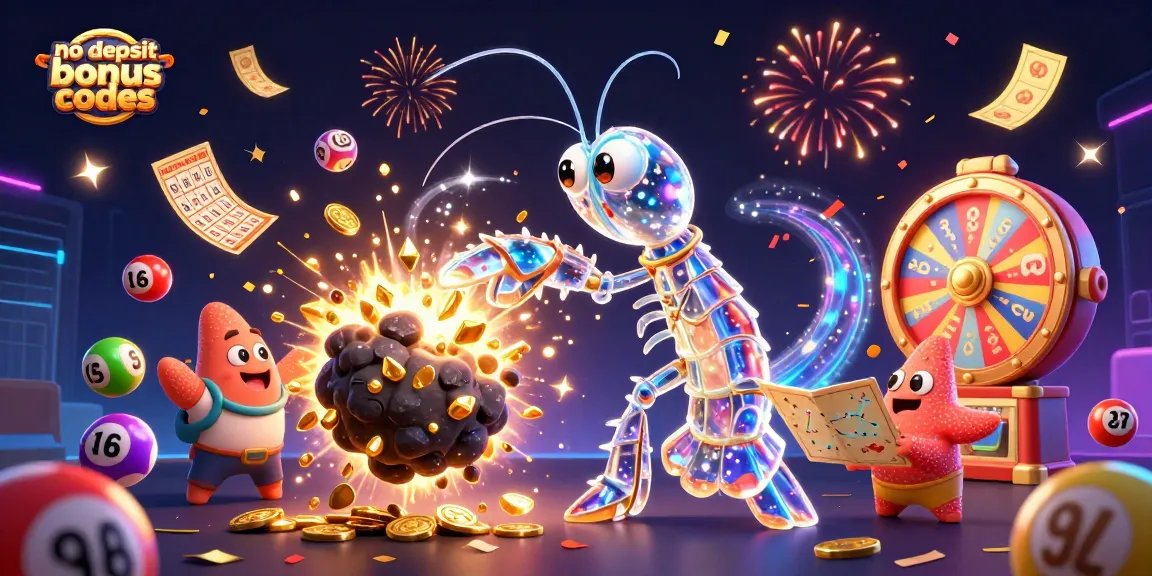 No deposit bonus codes illustration: a galactic samurai mantis shrimp conquering an asteroid amid treasures.