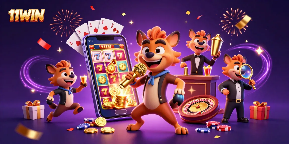 Experience thrilling moments with 11WIN in a vibrant comedy casino scene featuring hyena characters.